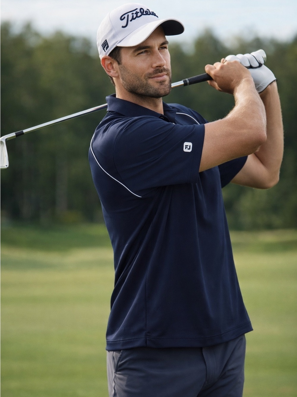 Footjoy Mens XL Navy White Piping Short Sleeve Golf Polo Shirt Performance Tour